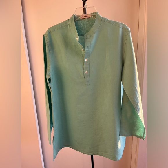 FabIndia Men’s Teal Blue Woven Linen Blend Nehru Kurta roll tab sleeves Sz 38 M - Picture 3 of 12